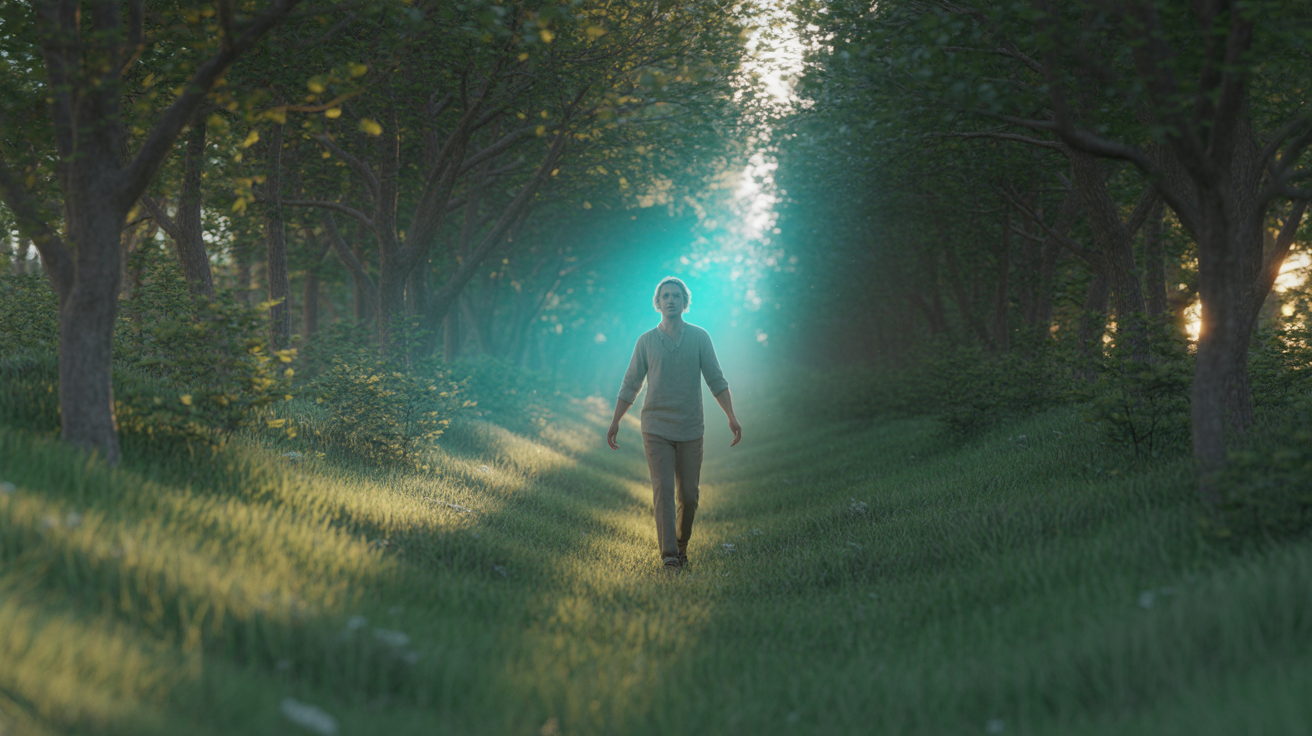 Osoba šeta šumom bez uređaja u zlatnom času — AI post. Osoba hoda kroz šumu ka svetlosti što simbolizuje unutrašnji put, lični razvoj i oslobađanje od spoljašnjih učitelja u eri AI