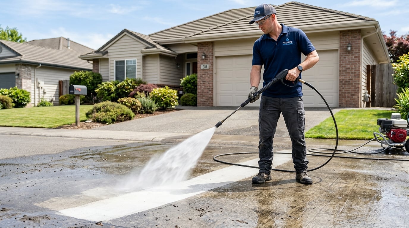 Pressure washing technician cleaning an exterior surface