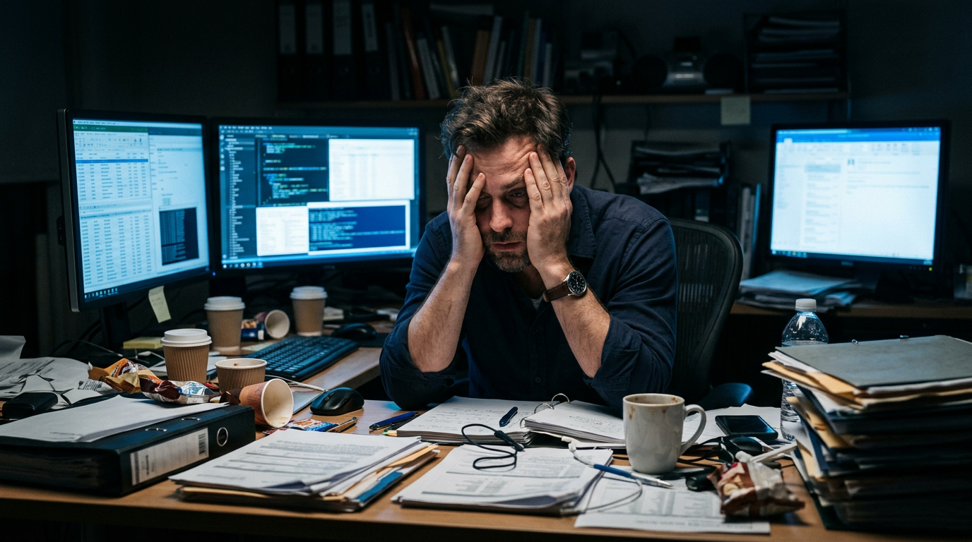 Pessoa exausta em mesa bagunçada com múltiplas telas — a realidade do burnout e sobrecarga de trabalho
