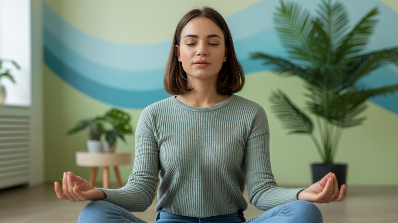 Persona meditando en posición tranquila practicando respiración consciente