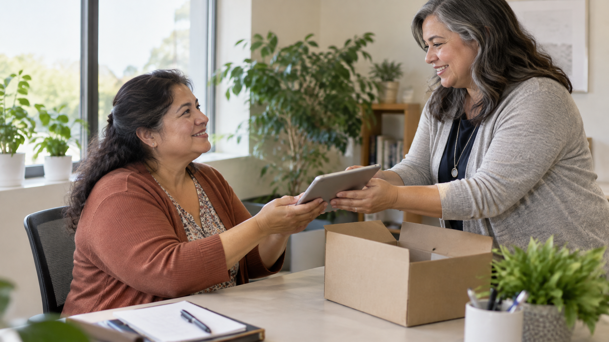 A woman veteran being handed a tablet from a plain box by a female social worker across a desk