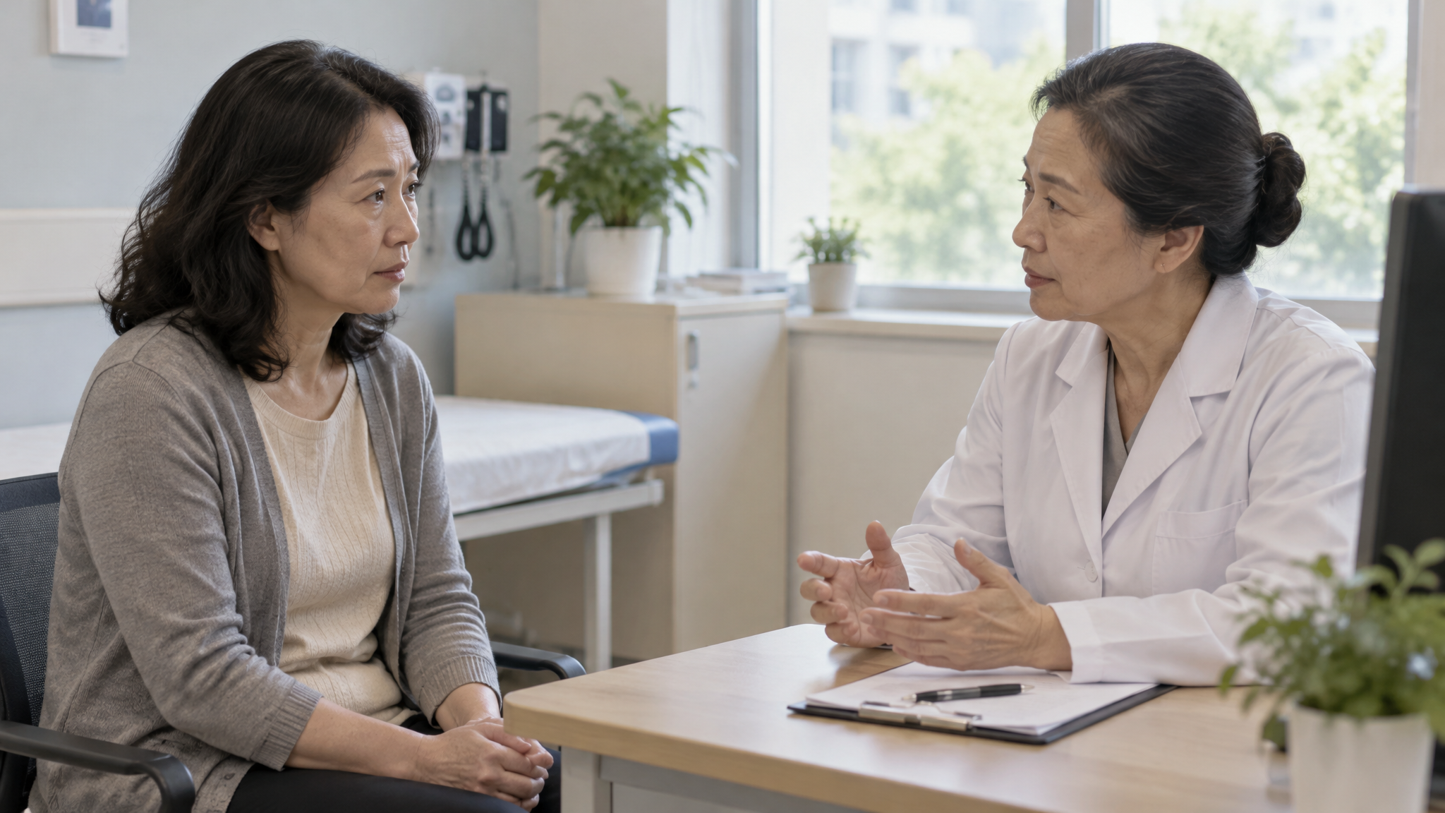 A woman veteran speaking seriously with a woman doctor across a desk in a hospital consultation room
