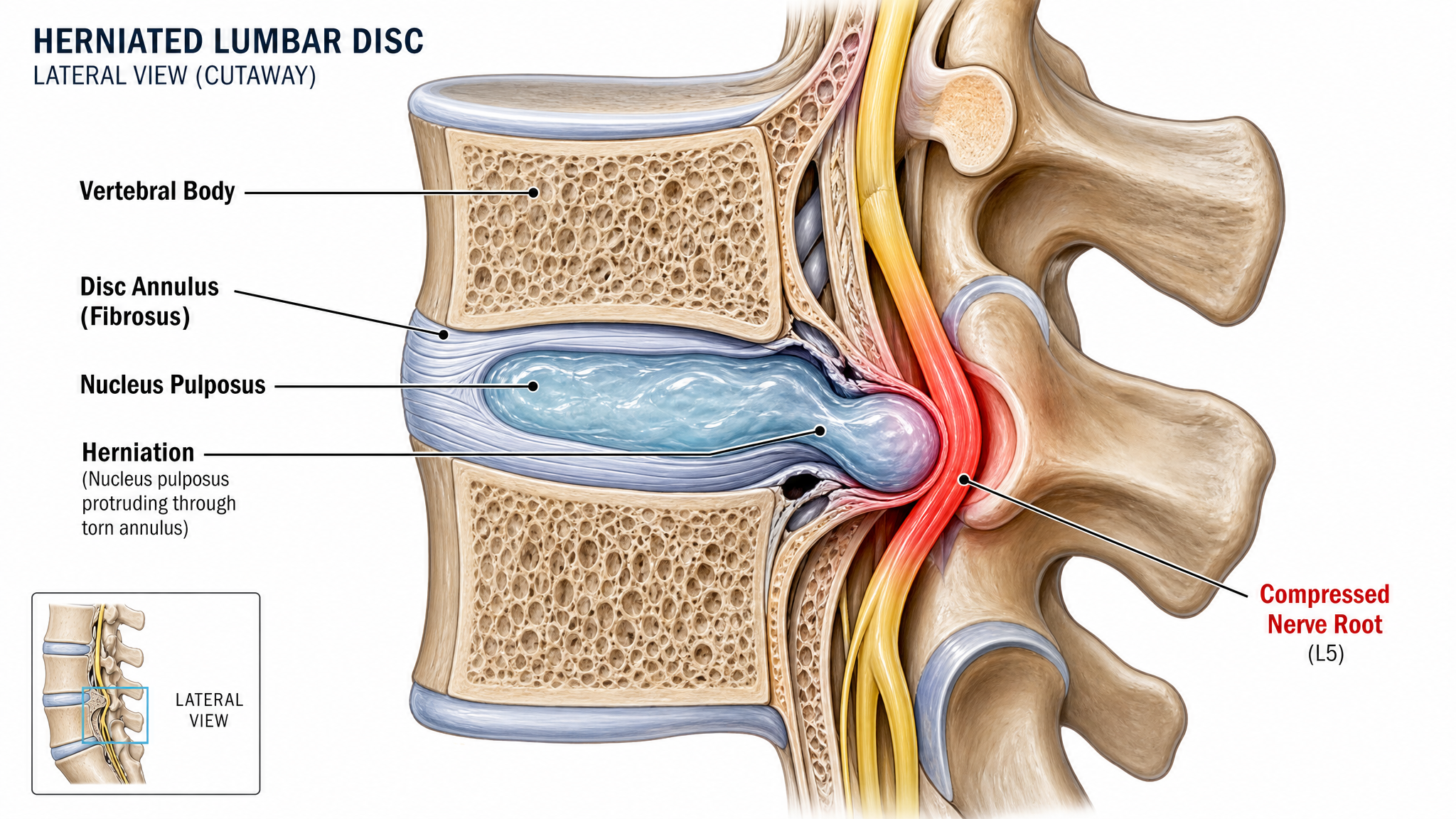Anatomical illustration of a herniated intervertebral disc with the extruded nucleus compressing an exiting nerve root
