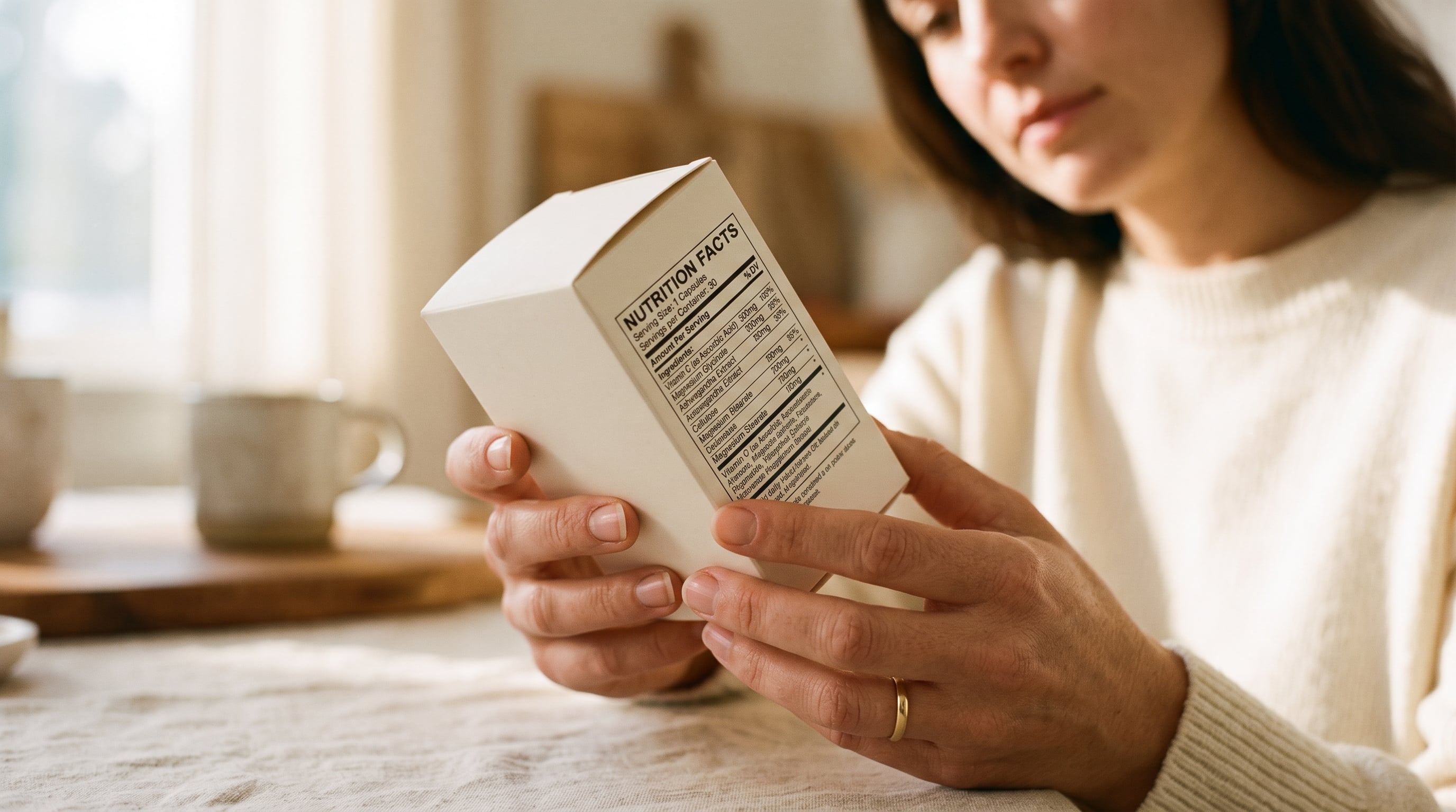 Close-up of hands holding a supplement box and reading the ingredient label