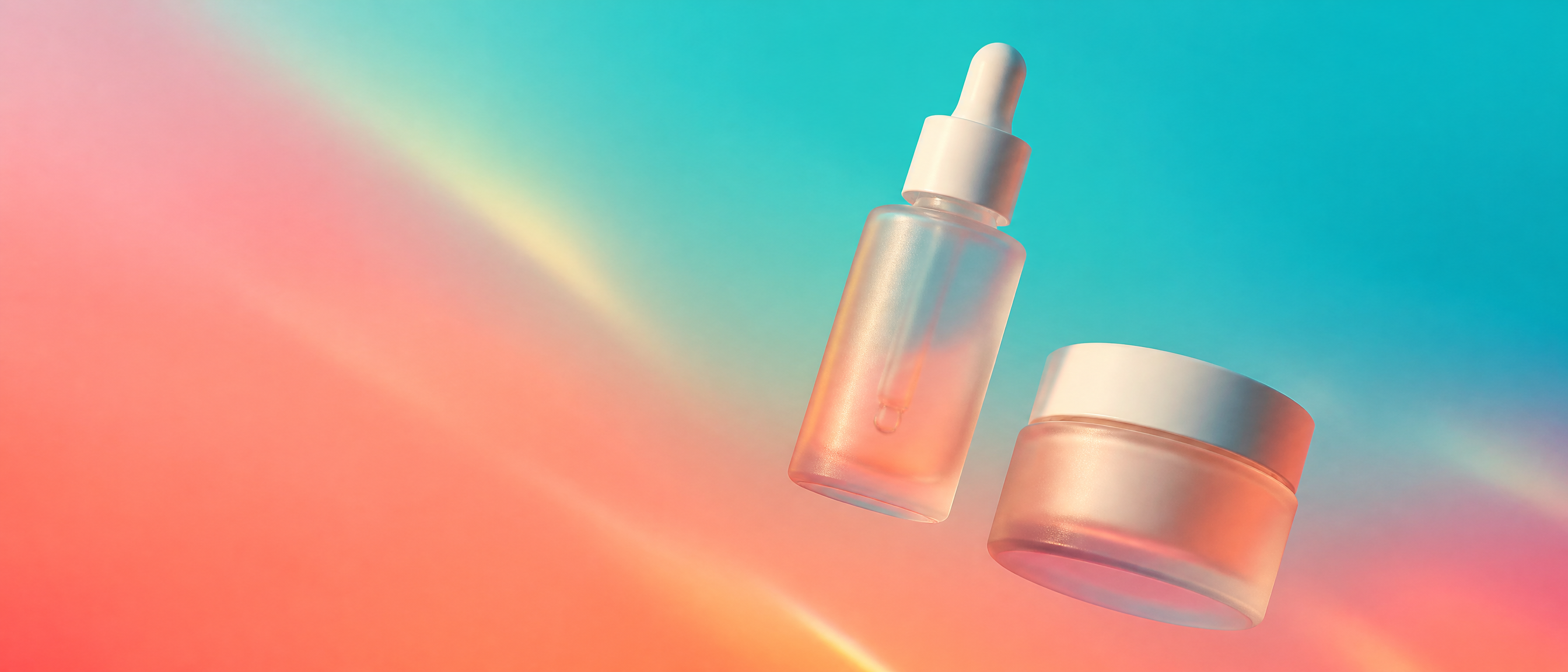 Premium skincare serum bottle and cream jar floating against a vivid coral and teal gradient