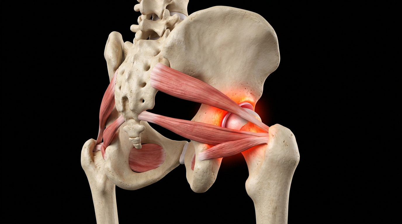 3D anatomical illustration of the hip joint from a posterior view showing the femoral head in the acetabulum with the joint capsule and rotator muscles highlighted in red-orange inflammation on a black background