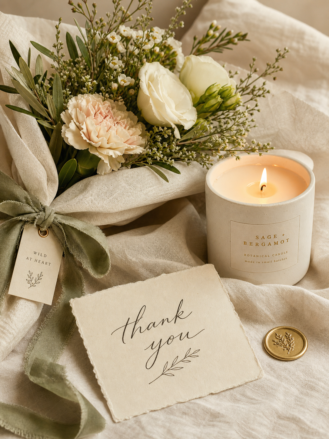 Bouquet of flowers, candle, and thank-you note — a curated gift set