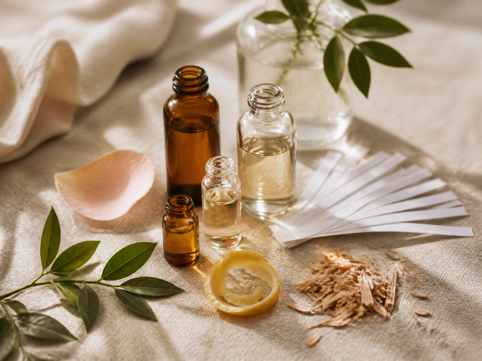 Unbranded glass vials with paper scent blotters, sandalwood shavings, rose petal and citrus peel on ivory linen