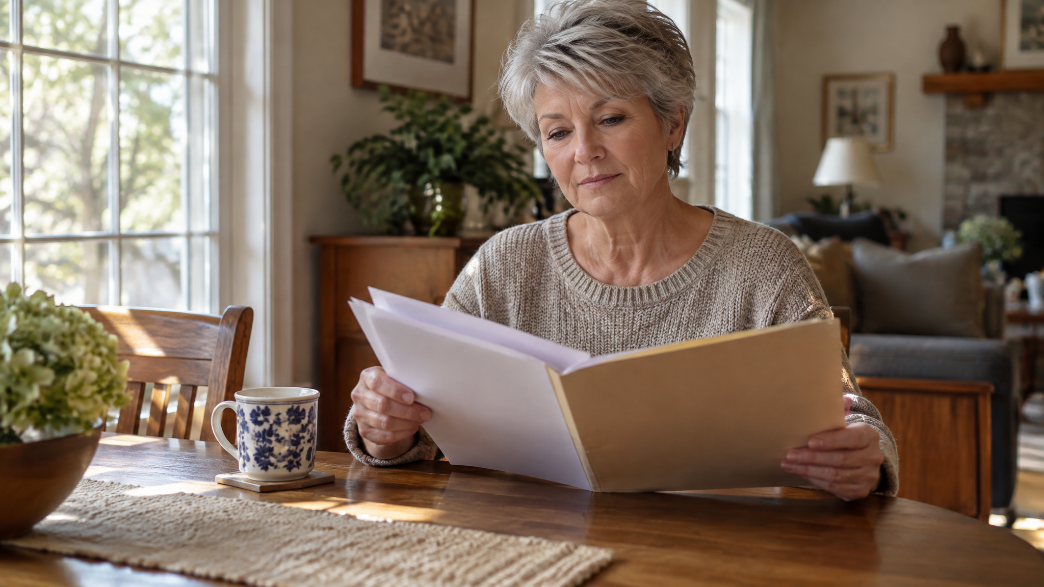 A silver-haired woman veteran holding a plain folder of medical records at her kitchen table