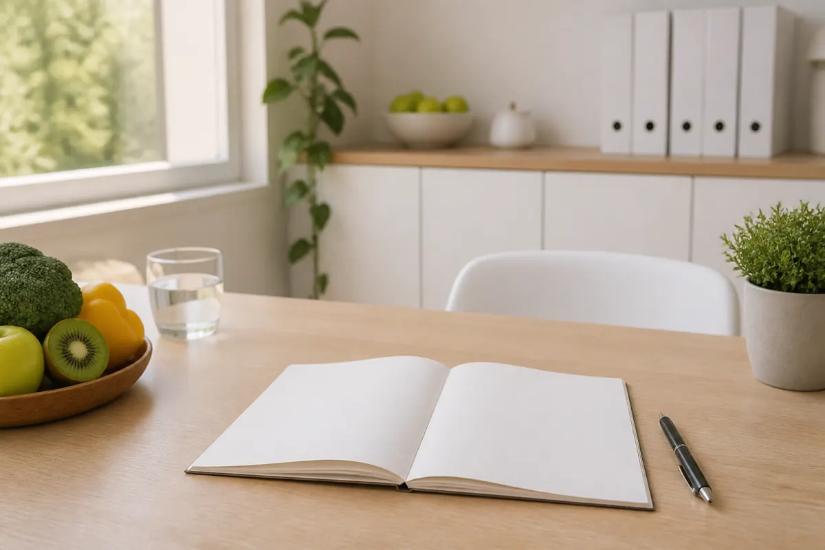 Mesa de consulta de nutrición ordenada y vacía, con una libreta abierta en blanco y un bolígrafo junto a una ventana con luz natural, sin personas y sin nada escrito.