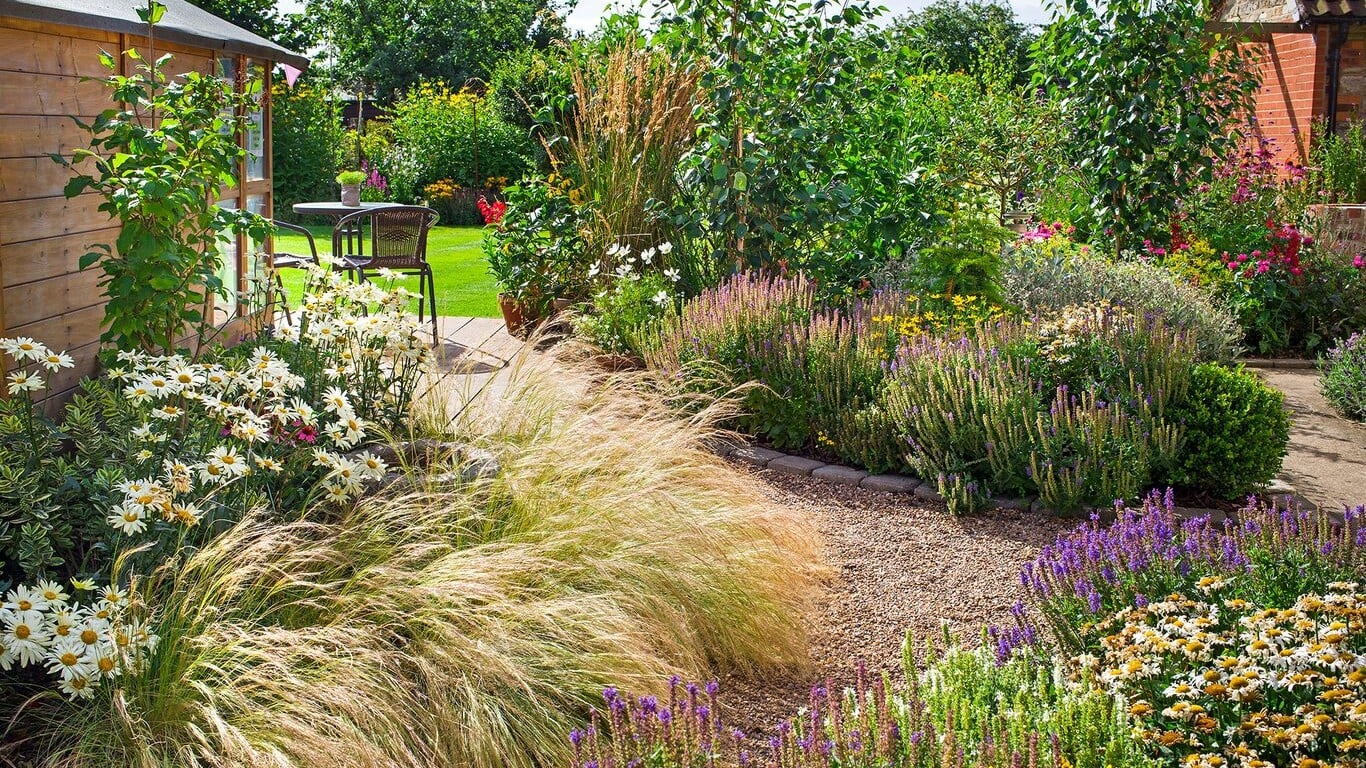 Landscaped garden with flower beds and lawn