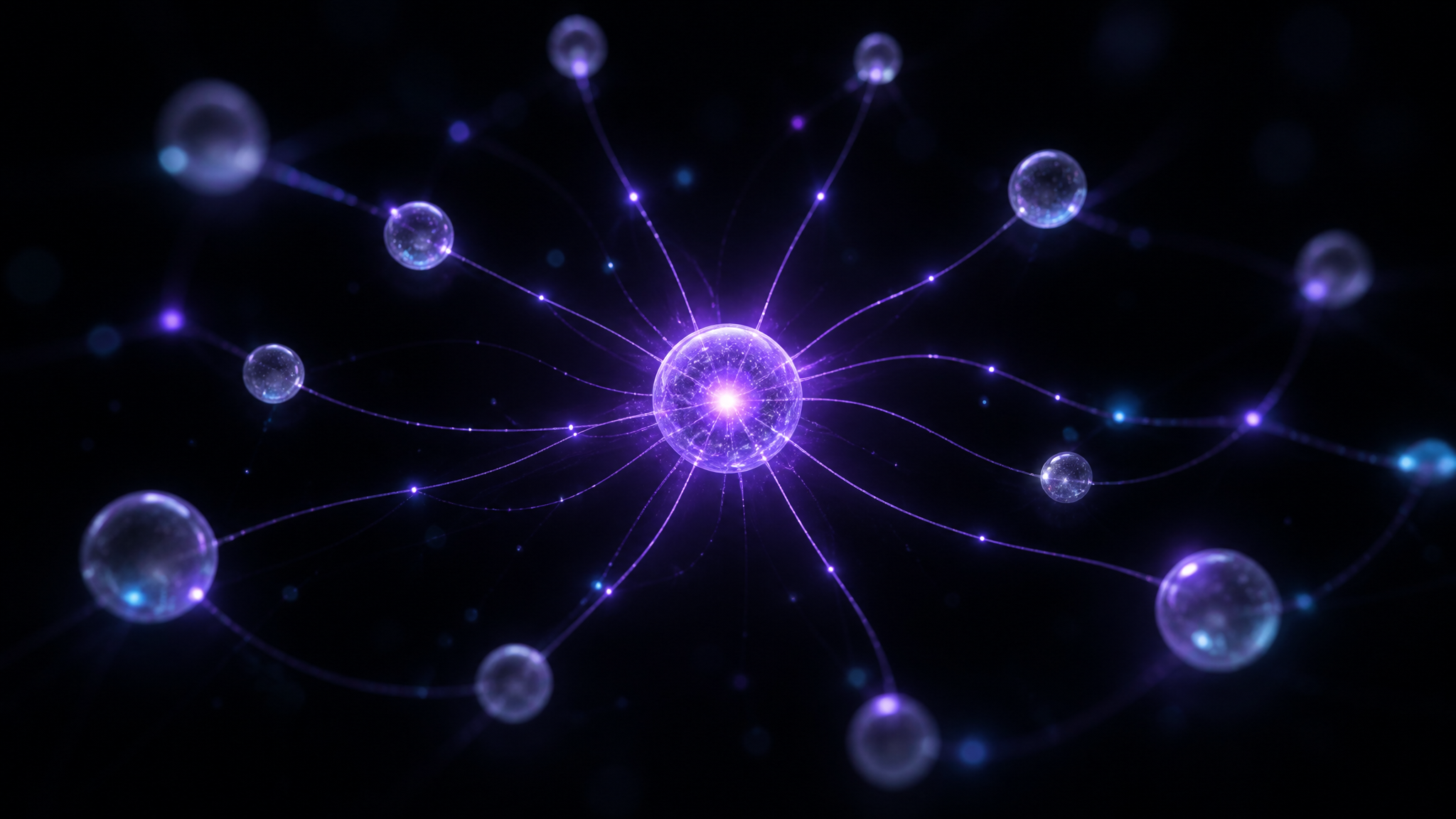 A central glowing violet node in the dark with thin light-threads radiating out to smaller frosted-glass points, representing an AI assistant citing and recommending a trusted source