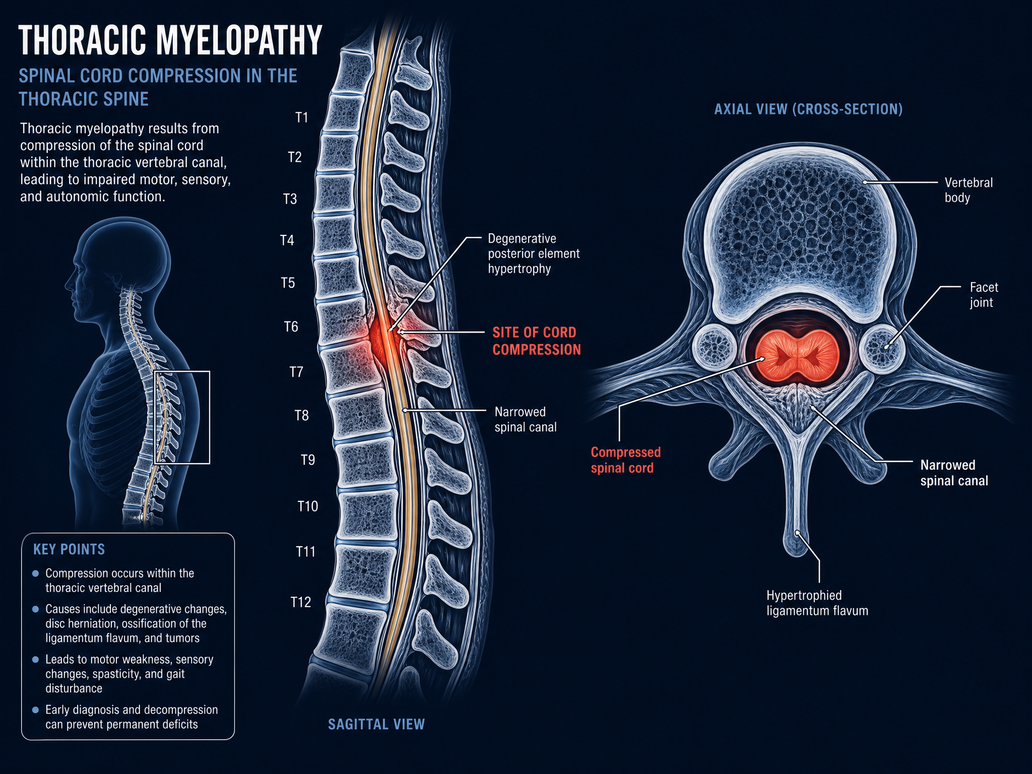 Dark labeled teaching diagram, cross-section and posterior view, of the thoracic spinal cord compressed by a herniated disc and stenosis, with the affected long tracts to the legs highlighted