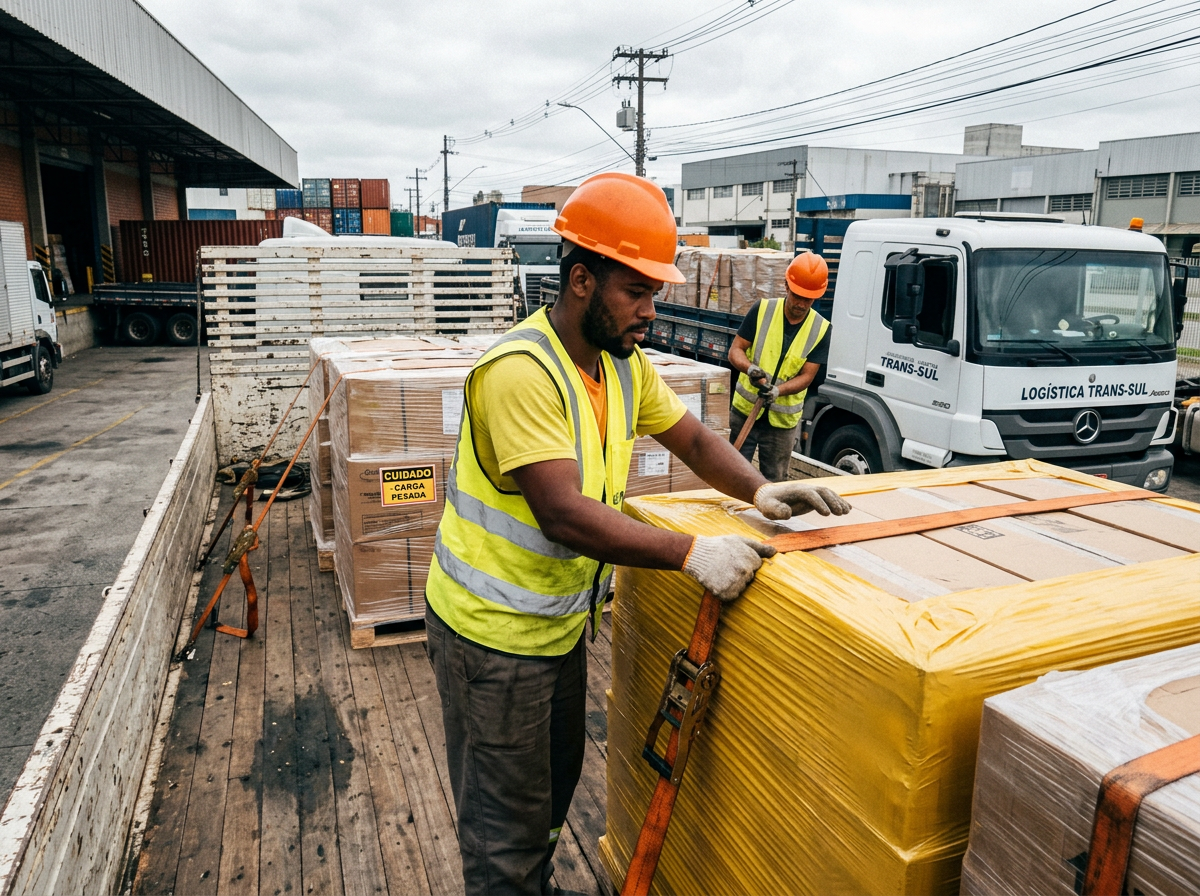 Trabalhadores manuseando carga no caminhão
