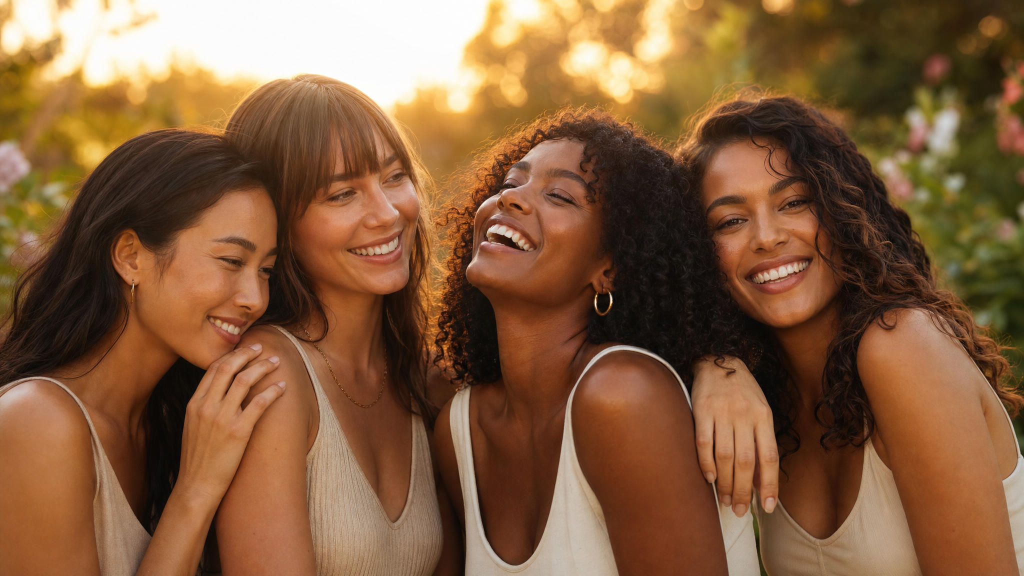 Four diverse beautiful women laughing together in golden sunlight