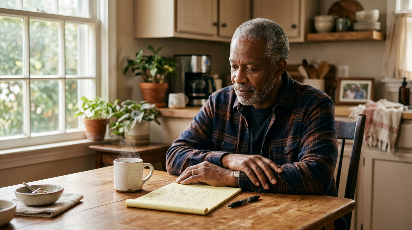 A veteran in his seventies sitting at his kitchen table with coffee and a legal pad, calmly thinking through his VA benefits