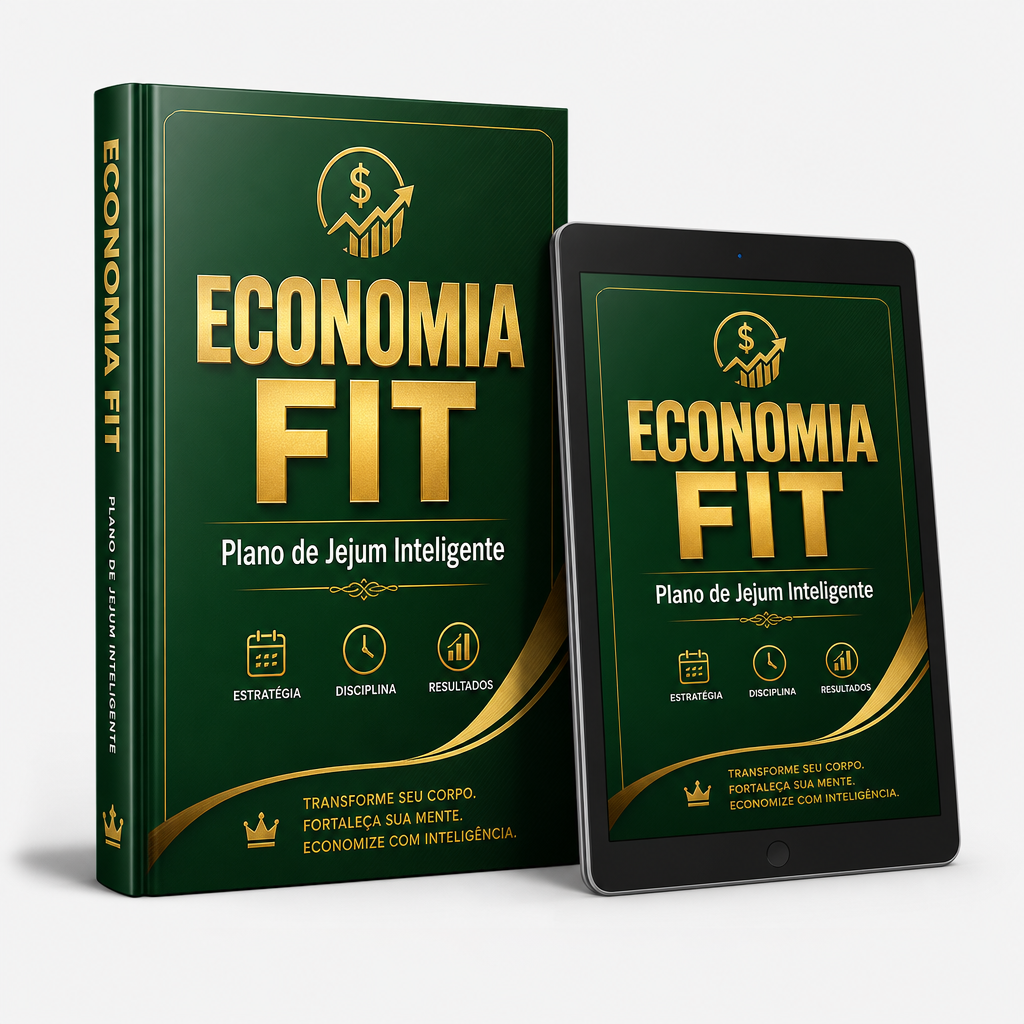 Mockup 3D do e-book Economia Fit – Plano de Jejum Inteligente com capa verde e dourada
