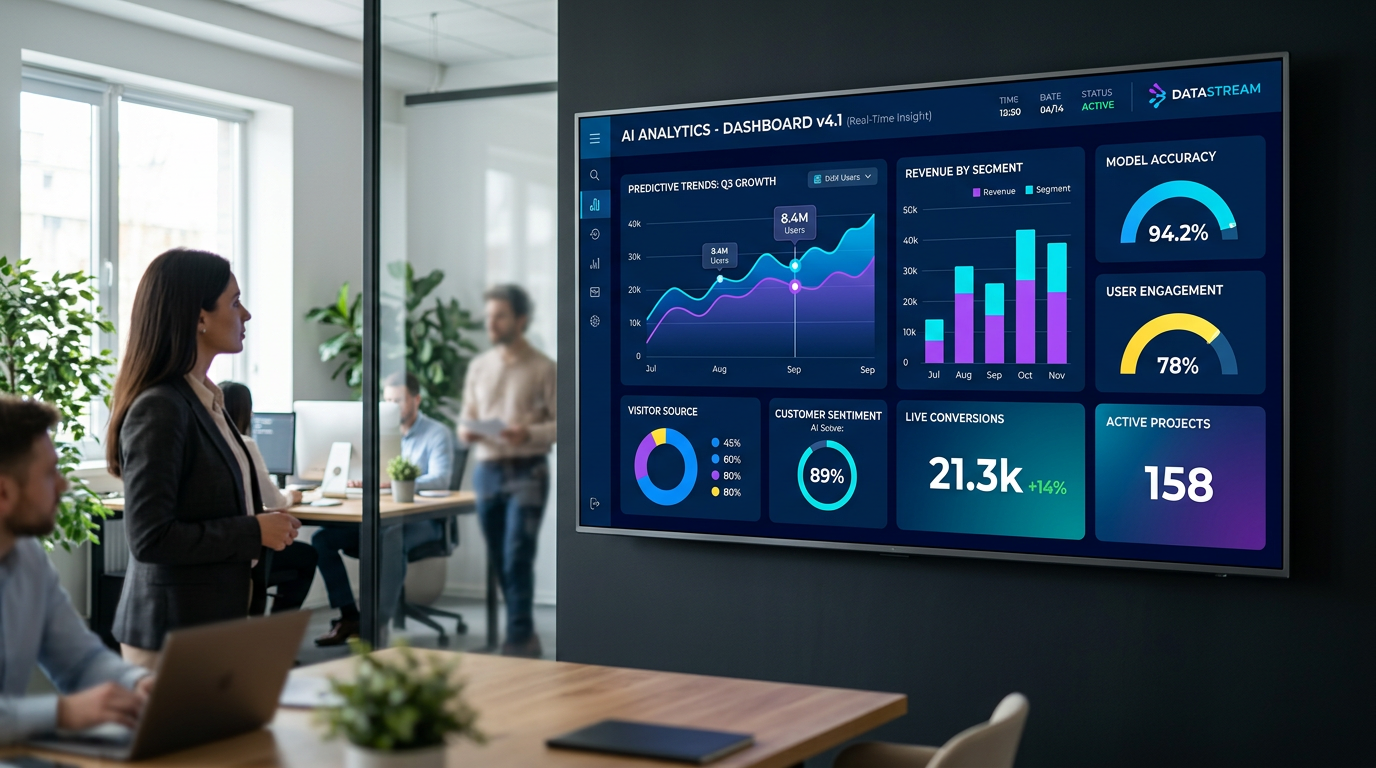 Modern data dashboard showing AI analytics, charts and metrics