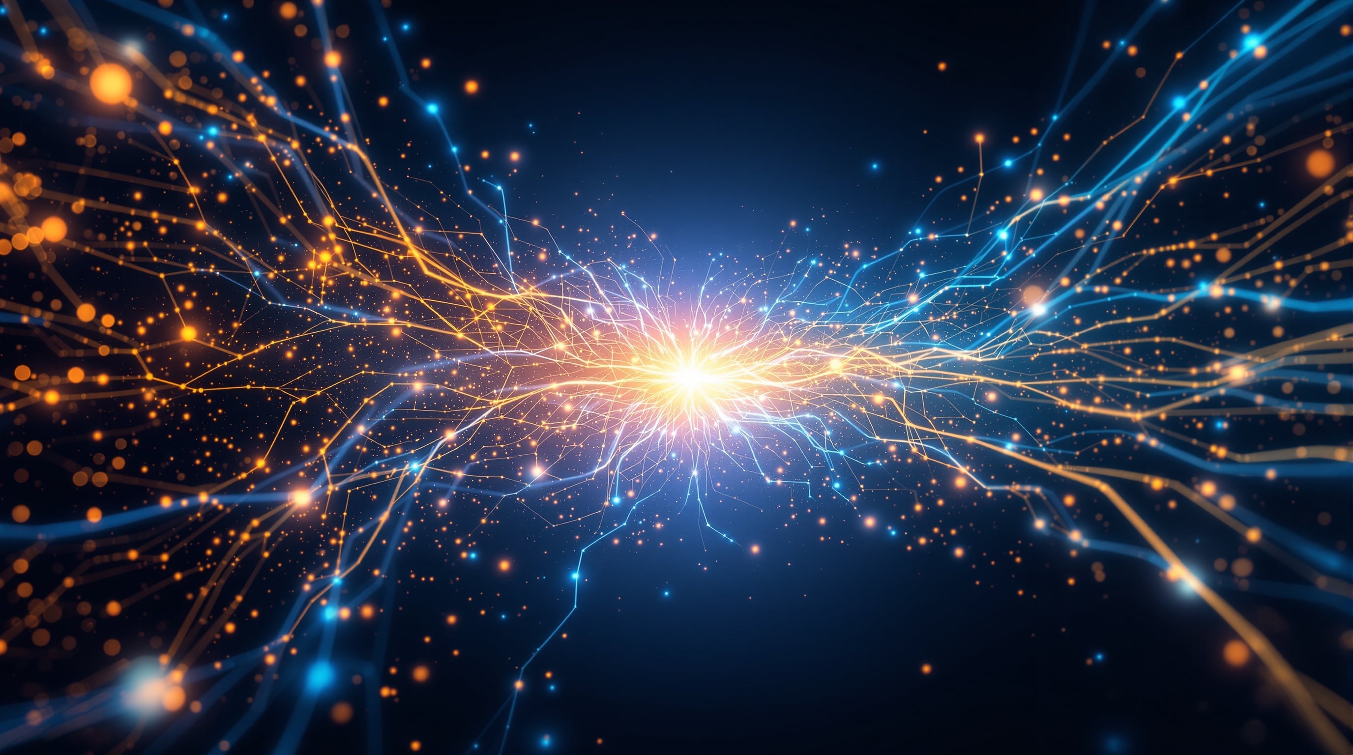 Abstract visualization of Evolve Branding and Seonix AI partnership with neural networks and energy streams converging