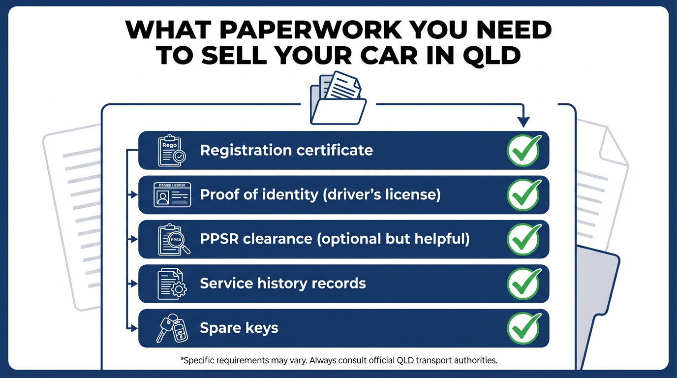Infographic checklist of paperwork needed to sell a car in QLD