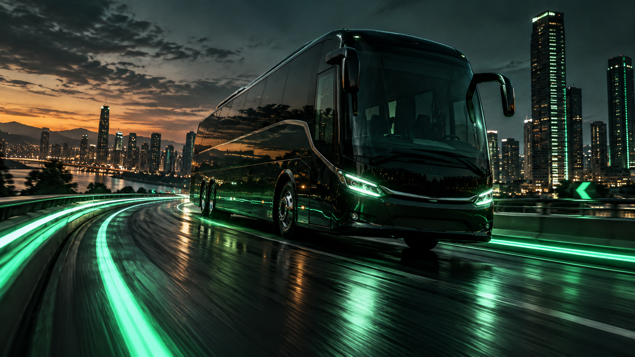 Coach bus driving on curved elevated highway