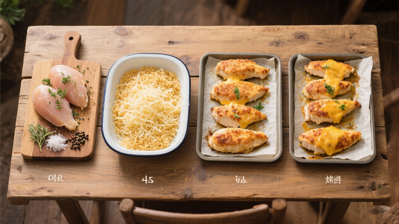 Escalopes de Poulet 2 Une assiette appétissante d’escalopes de poulet au curry, servies avec du riz basmati et décorées de fines lamelles de légumes croquants. Les morceaux de poulet sont nappés d’une sauce crémeuse et dorée, parsemée de graines de coriandre ou de persil frais pour une touche de couleur. En arrière-plan, un bol contenant des épices comme du curry en poudre et du paprika ajoute une ambiance chaleureuse et invitante