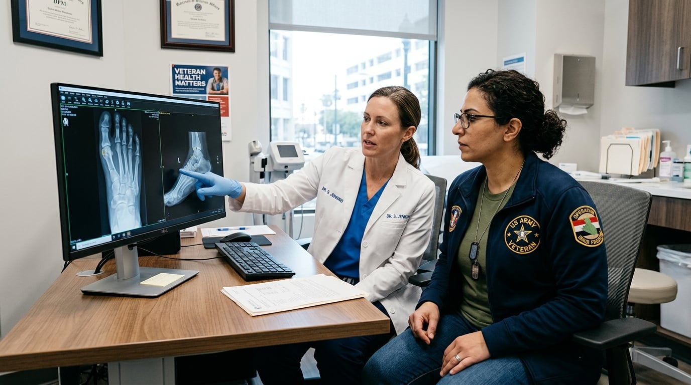 A podiatrist reviewing a woman veteran’s foot X-ray with her