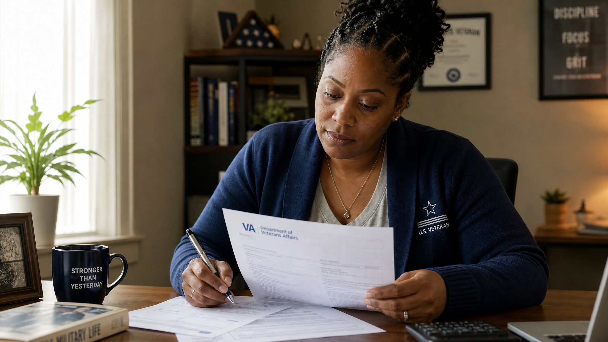 A veteran reviewing VA benefits paperwork with a calculator at home