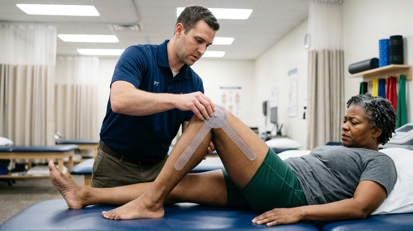 Physical therapist measuring knee range of motion with goniometer on Black female veteran