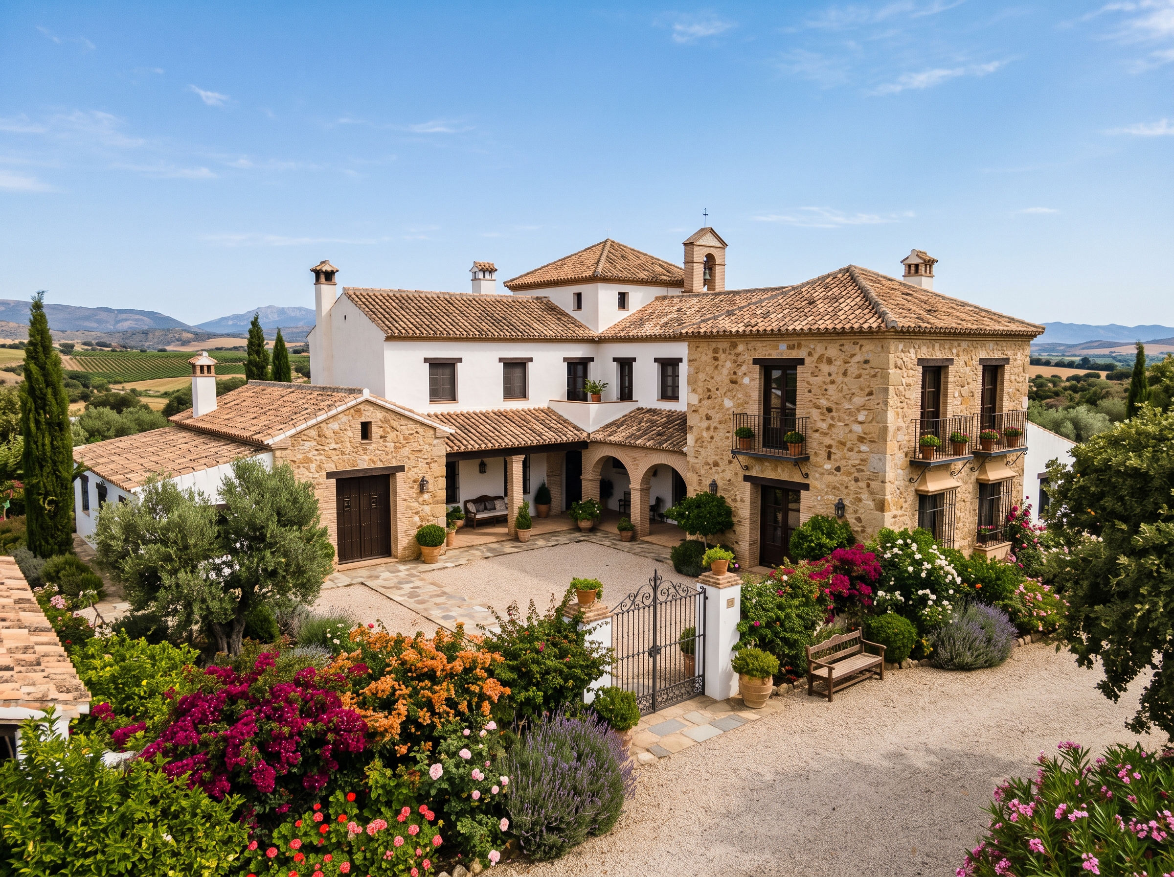 Exterior del cortijo Granja La Zorrera con jardines y zona ajardinada