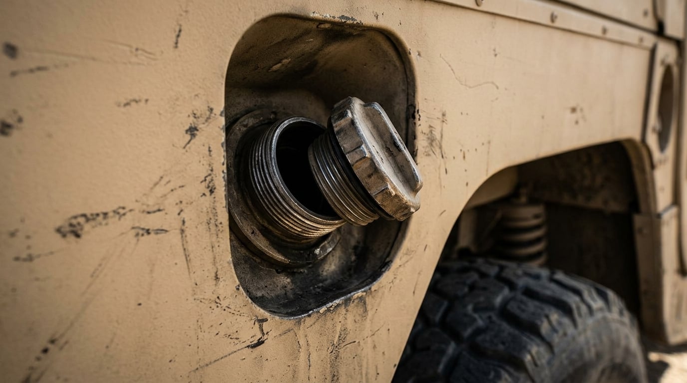 Exposed fuel cap vulnerability on tactical vehicle