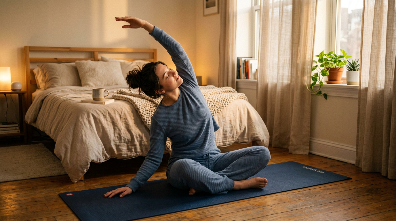 Pessoa praticando yoga e alongamento em quarto antes de dormir