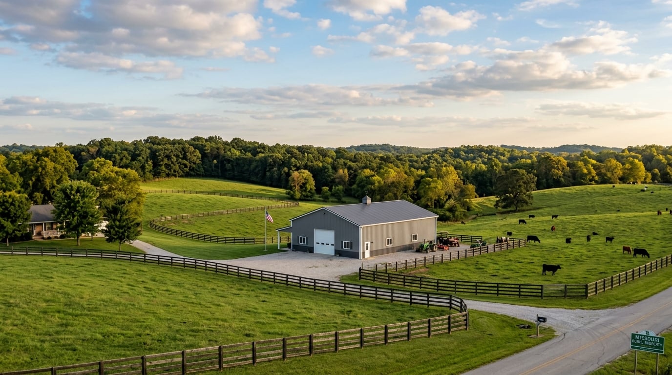 Rural Missouri property with metal building