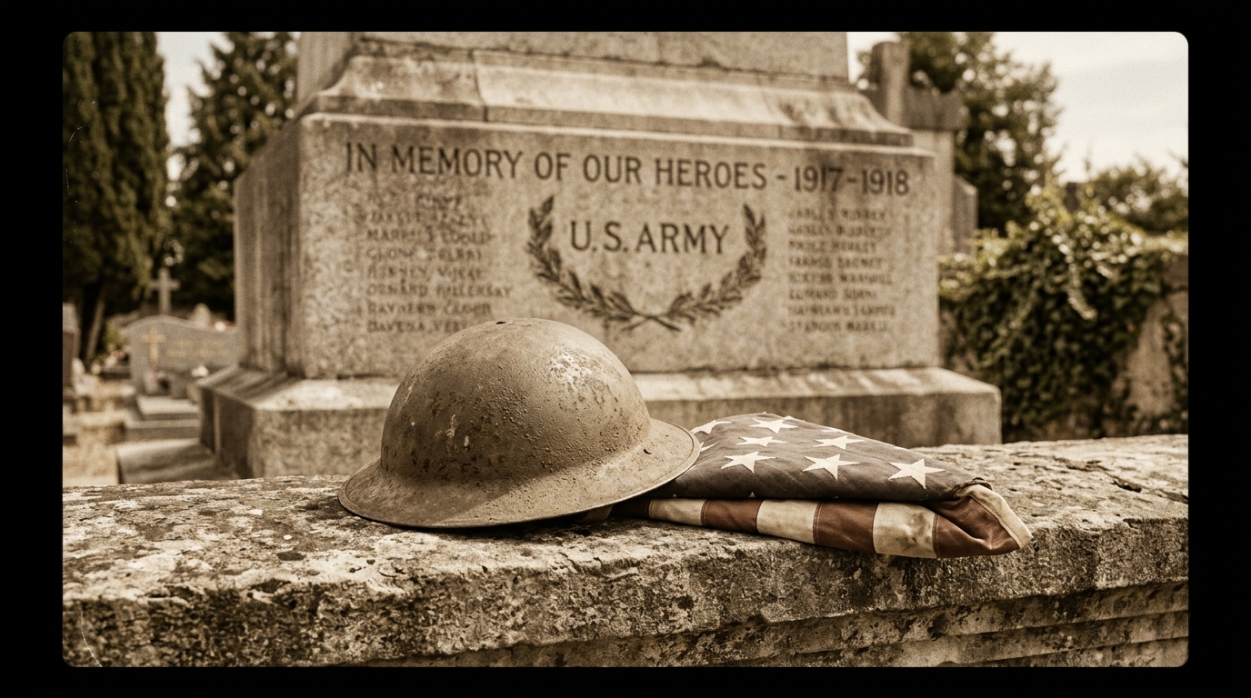 A World War I memorial still-life: a vintage American doughboy helmet and a folded American flag beside a stone war memorial