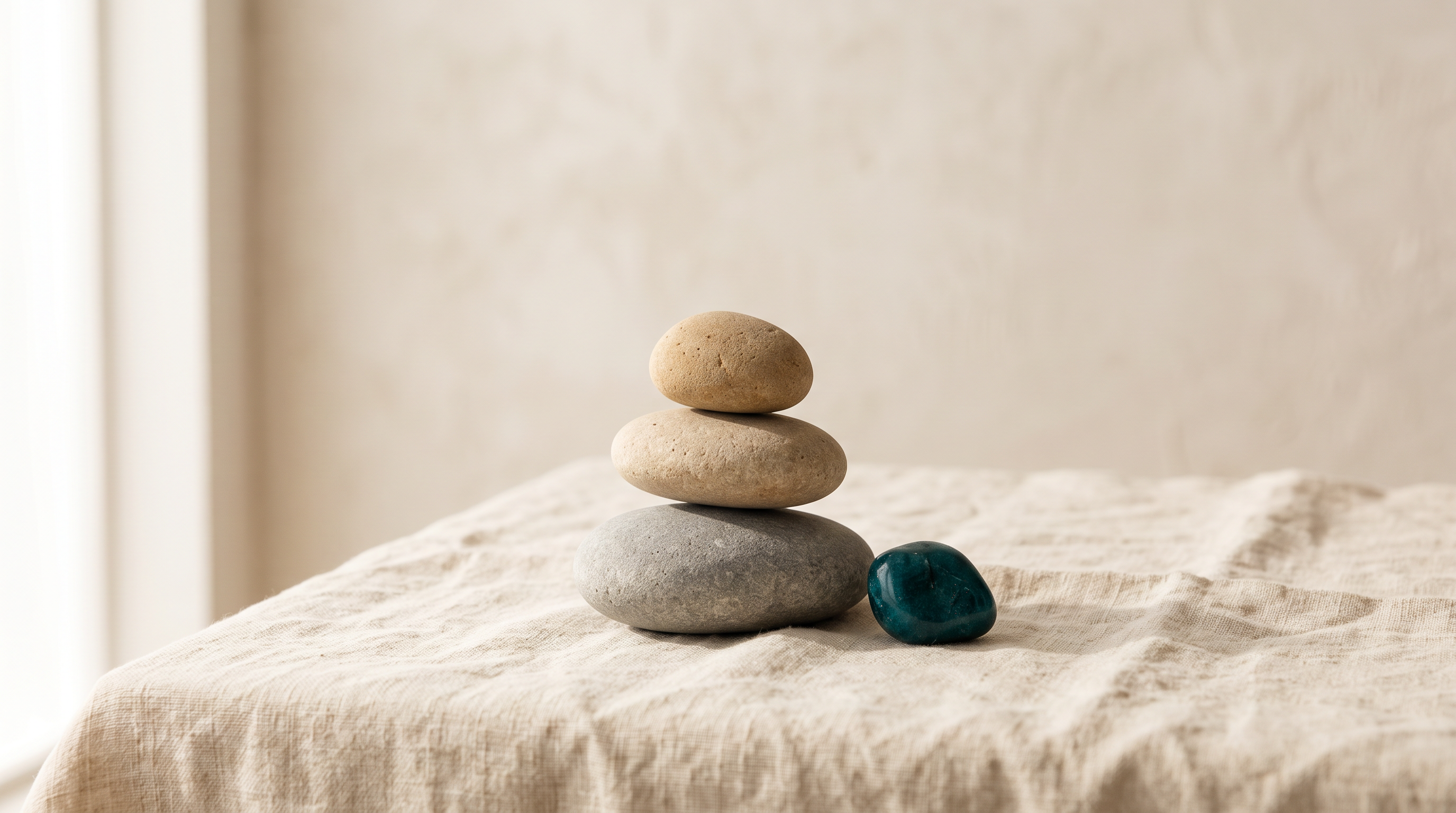 Three smooth stones balanced on cream linen — small things, big impact