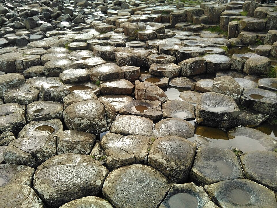 Dark columnar basalt rock