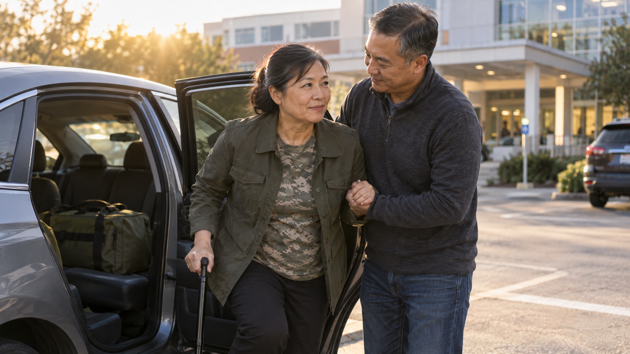 A husband helping his wife, a veteran with a cane, out of the car at a hospital after a long drive