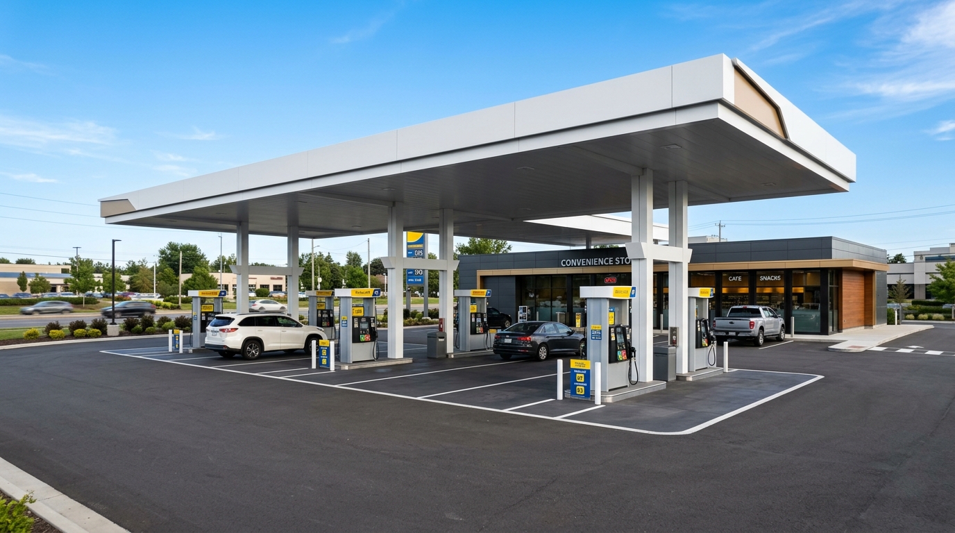 Moderne, saubere Tankstelle bei Tageslicht mit gepflegtem Vordach und Zapfsäulen