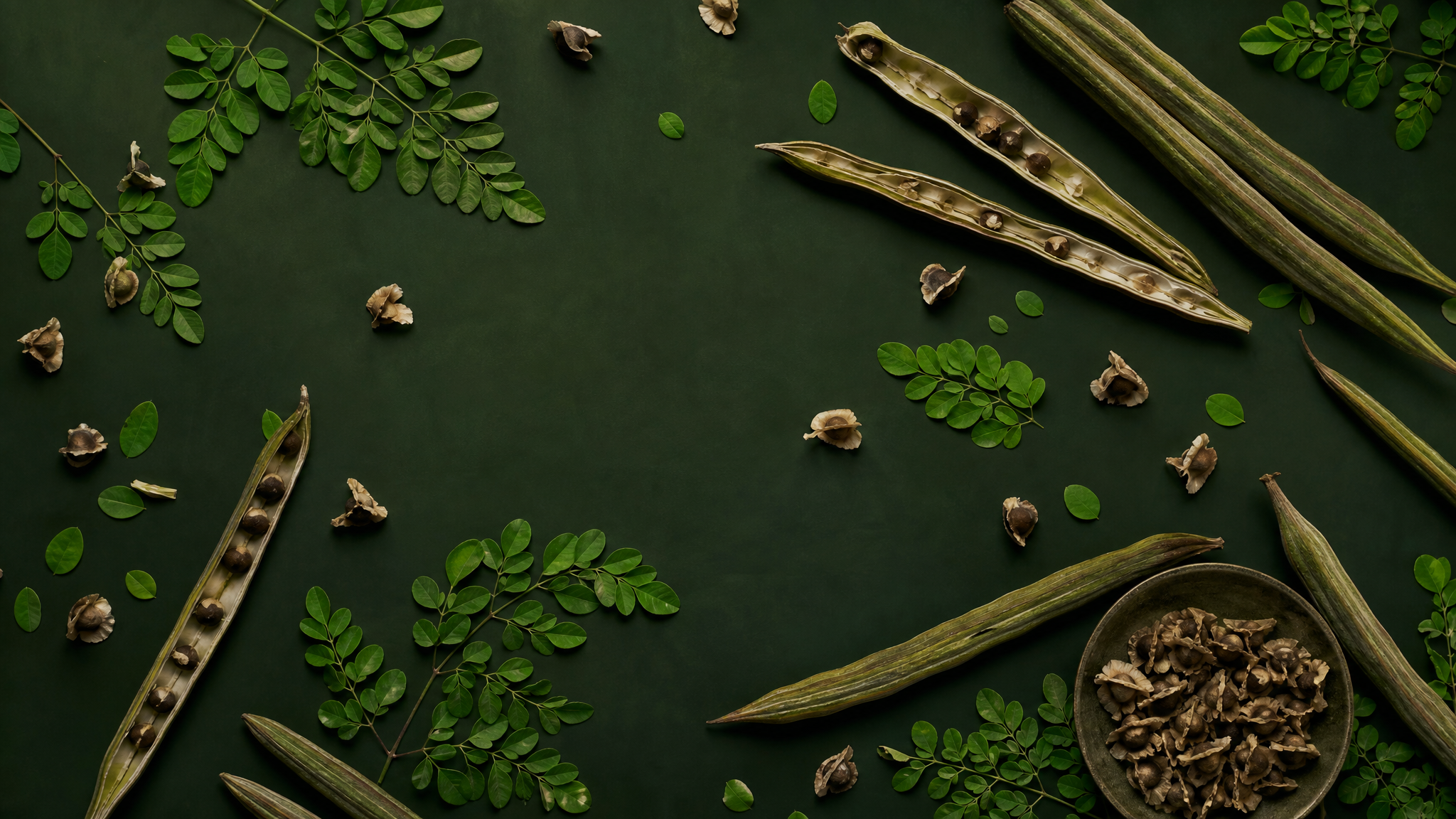 Moringa leaves and pods on dark green background