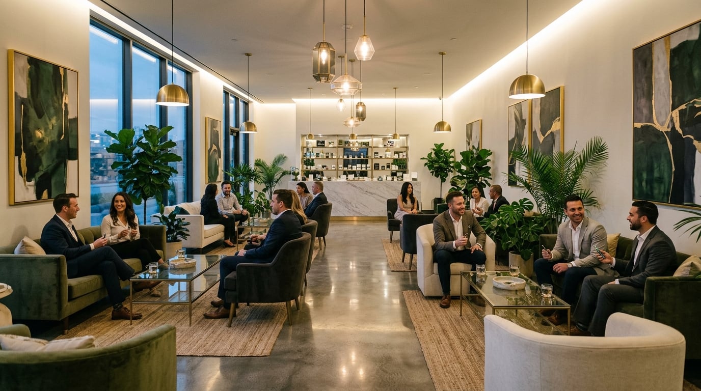 Upscale cannabis consumption lounge with modern design and ambient lighting