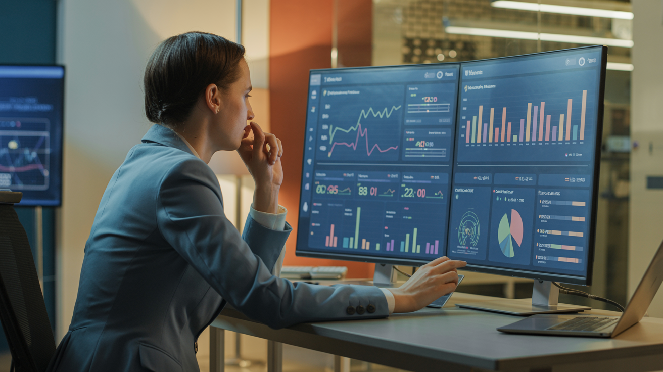 Business professional analyzing data dashboards with AI analytics and charts for smarter decision-making