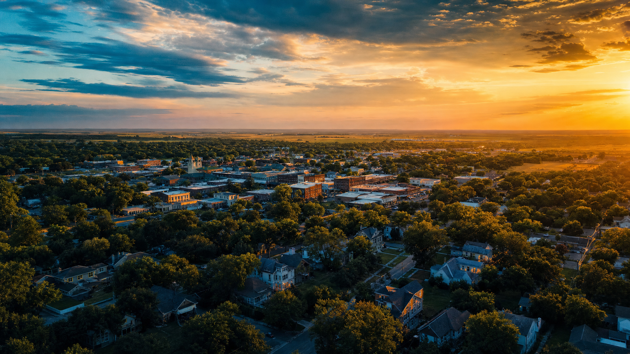 Aerial dusk view of Anna, Texas at golden hour