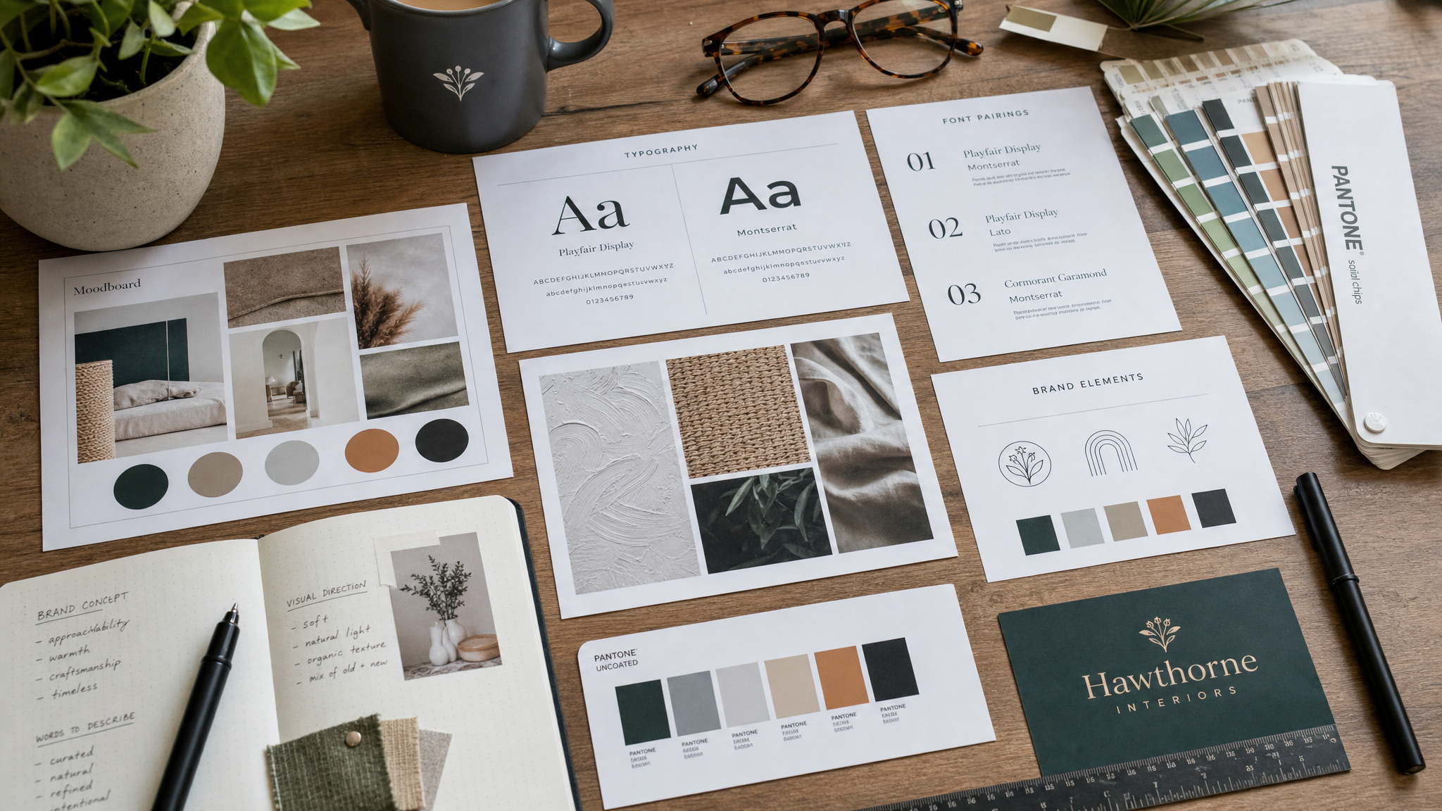 Professionelles Moodboard mit Farbmustern, Typografie-Beispielen und Brand-Elementen