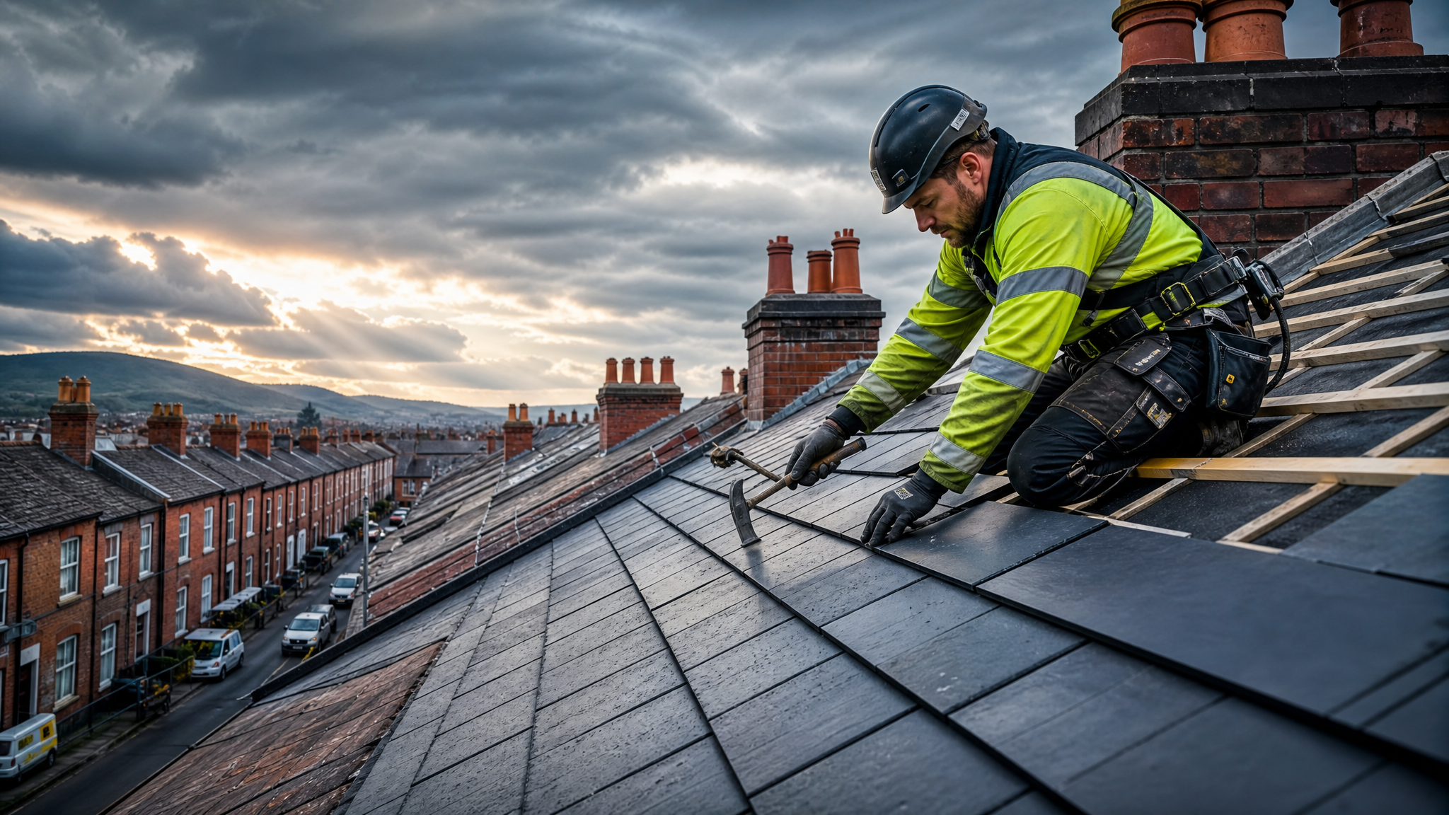 Professional roofer working on a Belfast terraced house