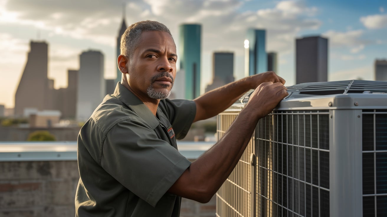 Professional HVAC technician working on commercial rooftop unit in Houston