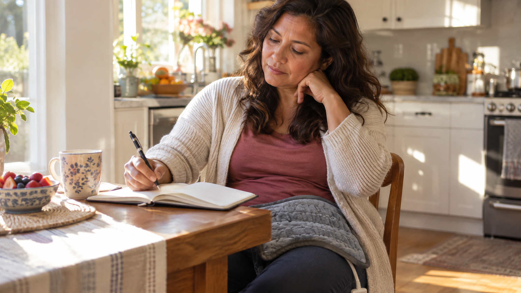 A woman veteran writing in a symptom journal at her kitchen table with a heating pad on her lap