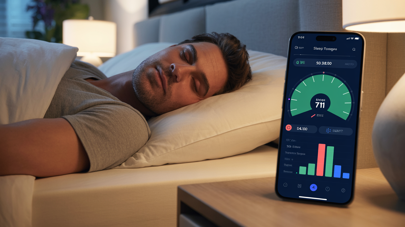Phone on nightstand showing perfect sleep score while the man sleeps peacefully