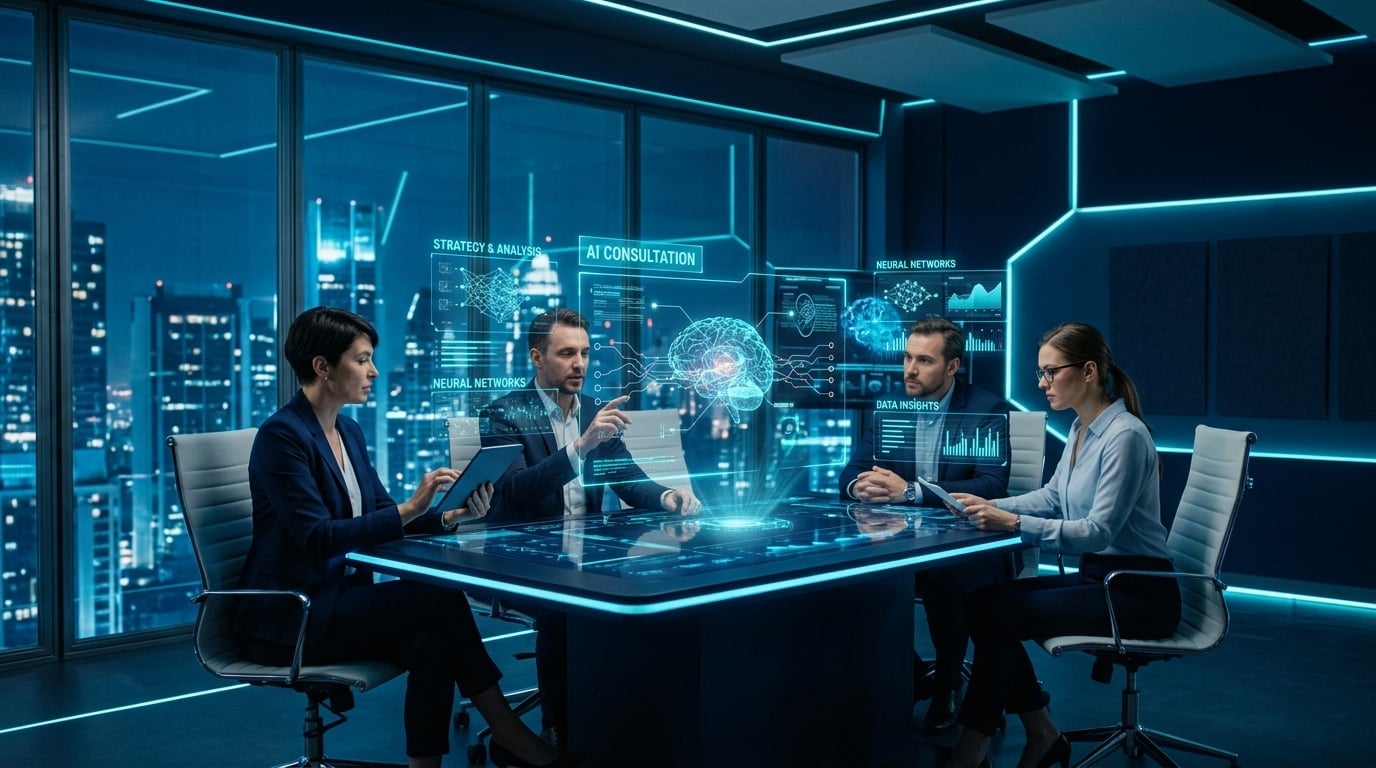 Professional AI consultation session with futuristic technology displays