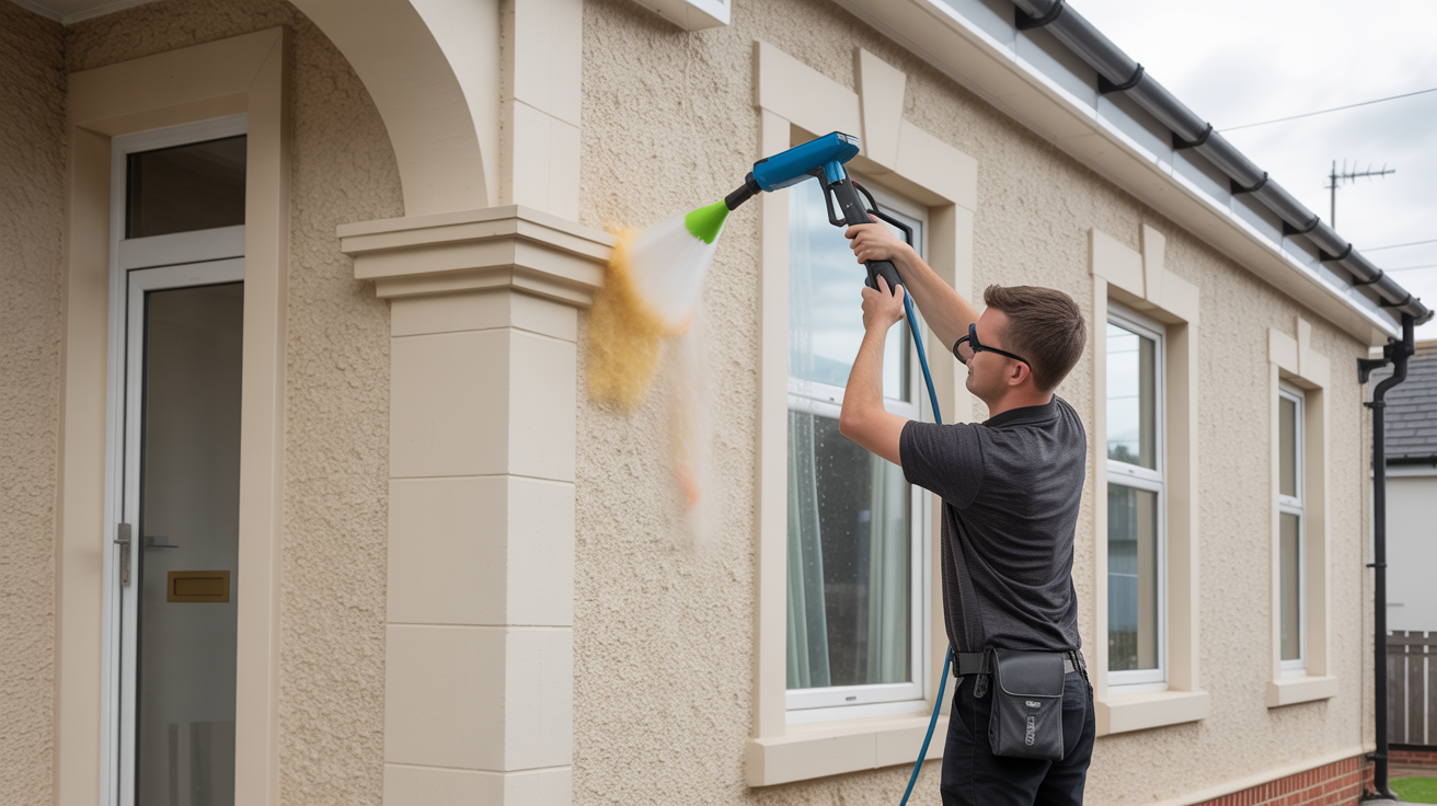 Soft washing delicate rendered house facade with low-pressure equipment in Dublin