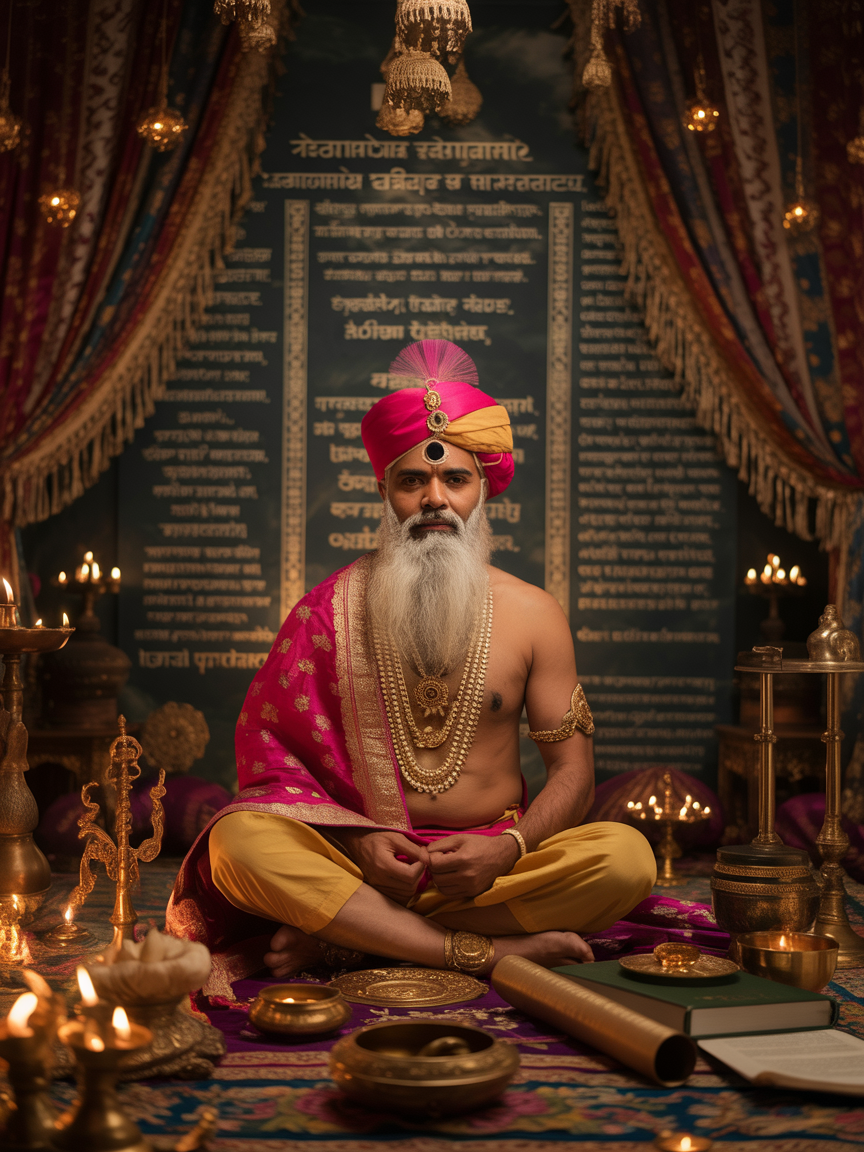 Distinguished Vedic astrologer in a lavishly decorated dark room with golden ornaments and ancient texts